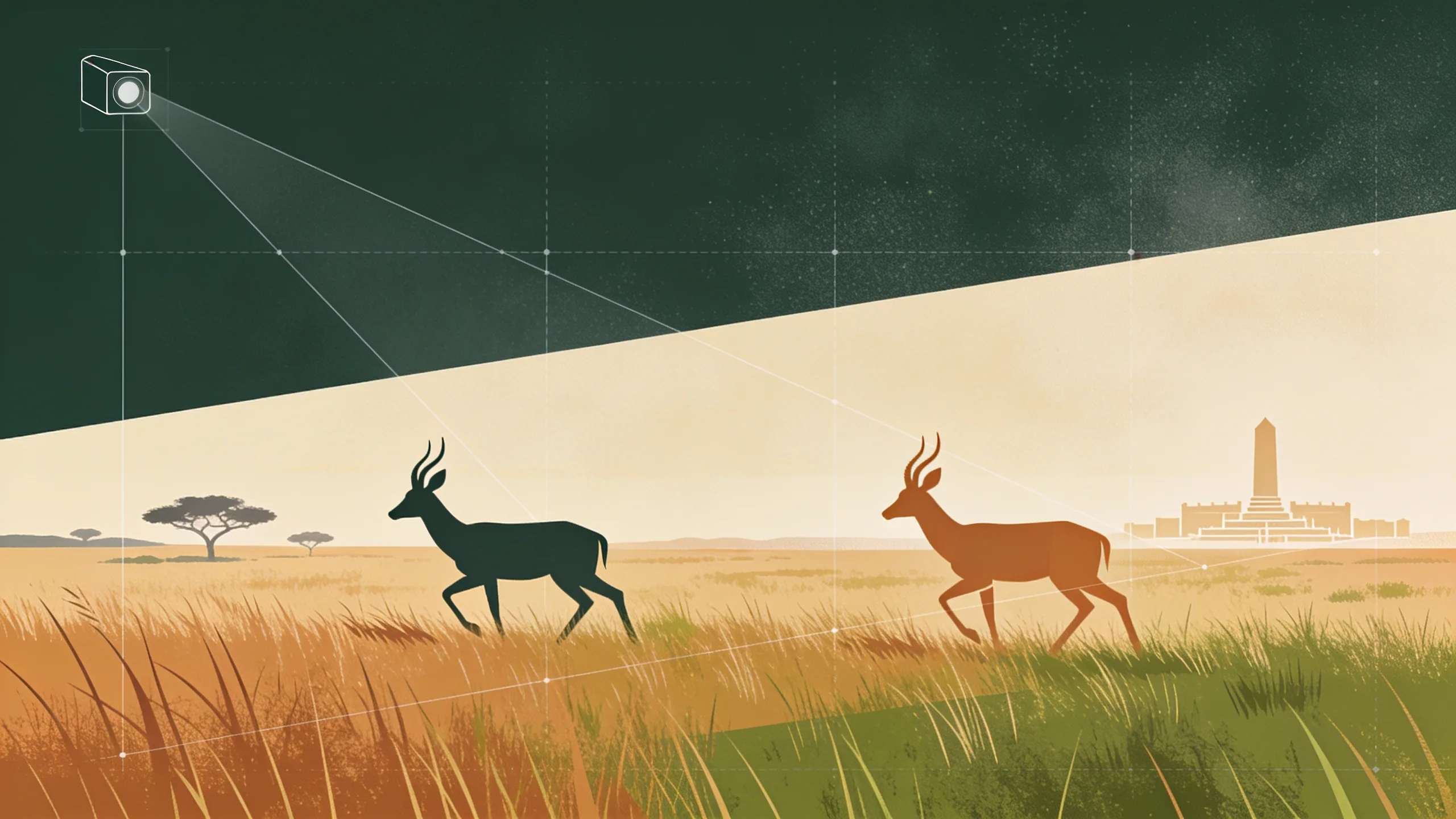 Minimal editorial illustration of abstract geometric antelope silhouettes crossing tall prairie grass with a motion-camera grid overlay in muted olive, tan and amber