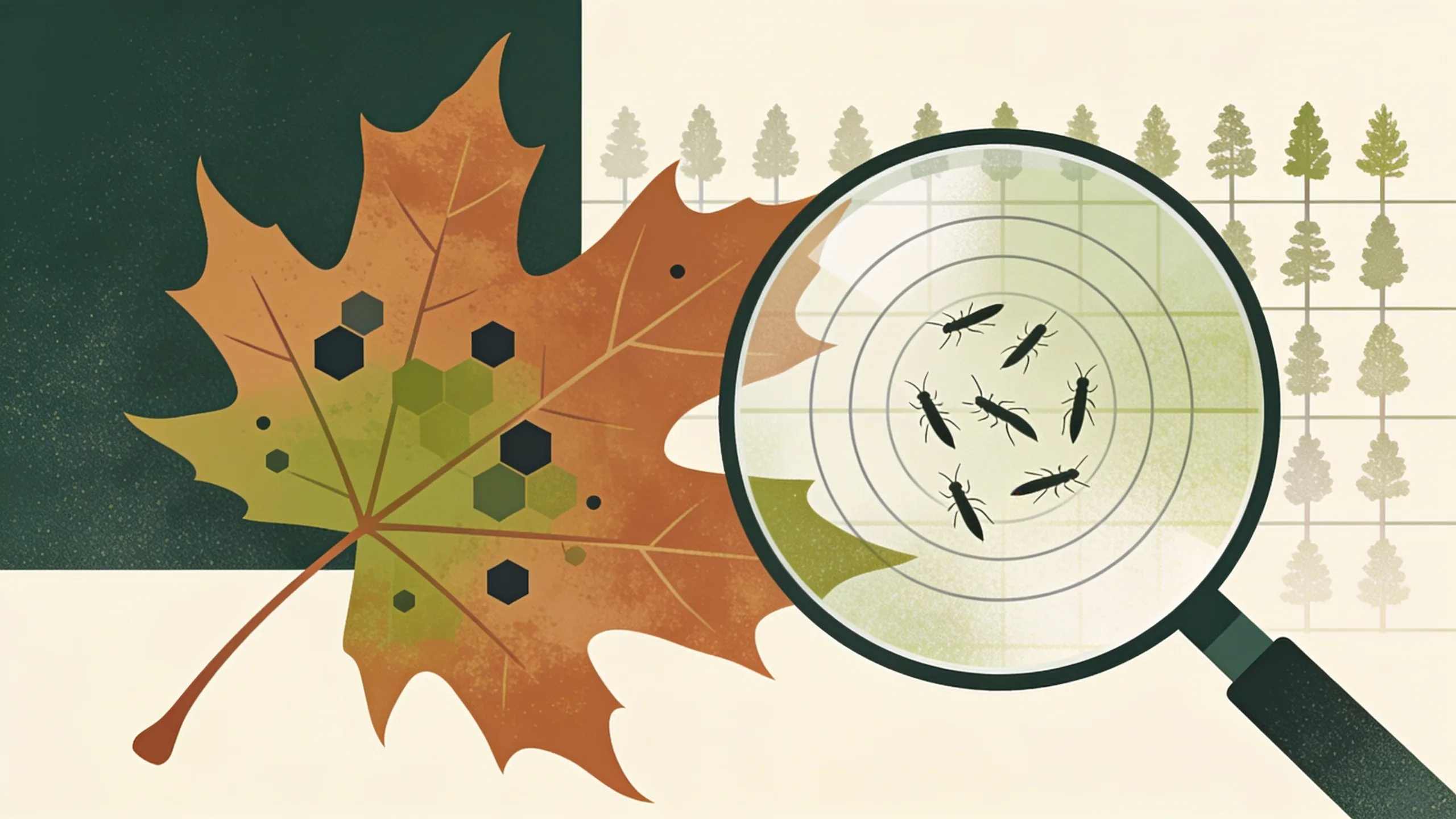 Minimal editorial illustration of an abstract sweetgum leaf with geometric thrips silhouettes and magnified grid circles in muted olive, amber and cream