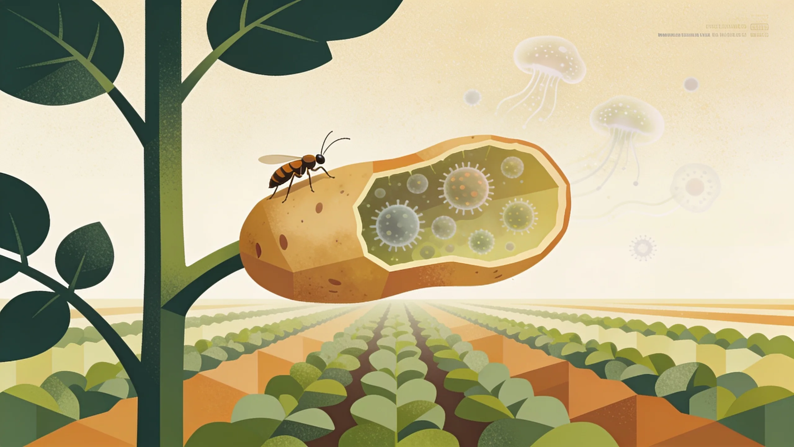 Geometric editorial illustration of a sap-feeding psyllid beside a potato plant, with abstract bacterial shapes moving through the insect's body above layered crop rows