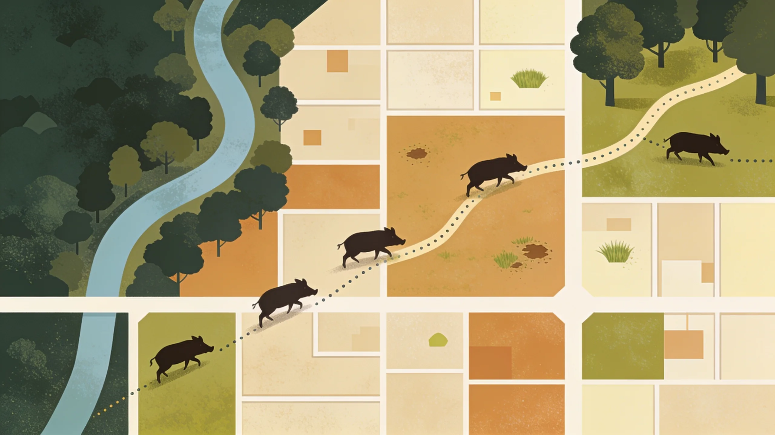 Aerial geometric illustration of a suburban Texas city with a winding river corridor, dark stylized feral hog shapes crossing between wooded lots and parkland along dotted movement trails