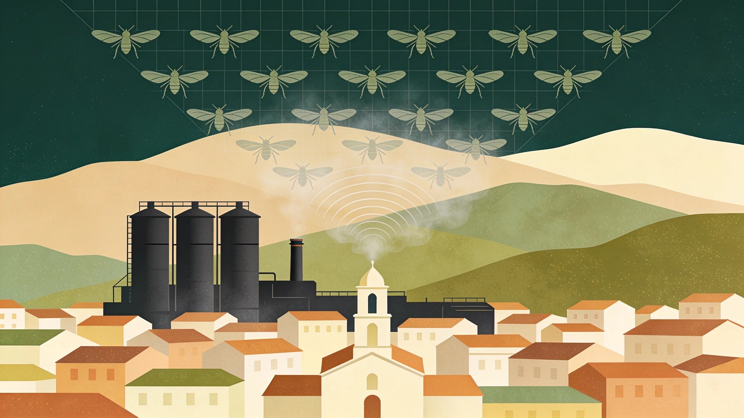 Minimal editorial illustration of a geometric factory with silos and square town rooftops below abstract hills, with orderly insect wing shapes and drifting lines in muted green and amber