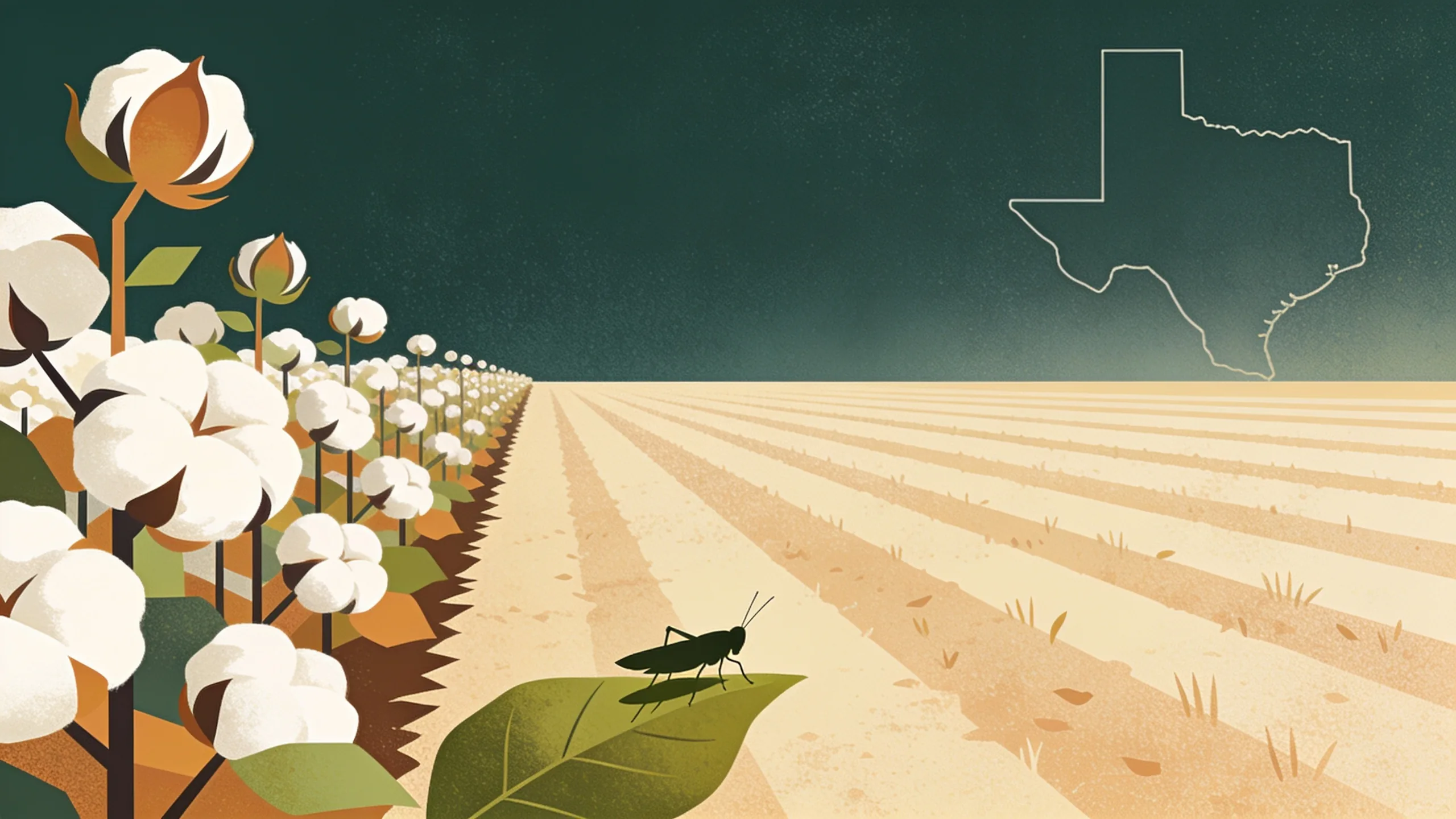 Minimal editorial illustration of geometric cotton rows with a small leafhopper silhouette and a Texas map outline in muted green and tan