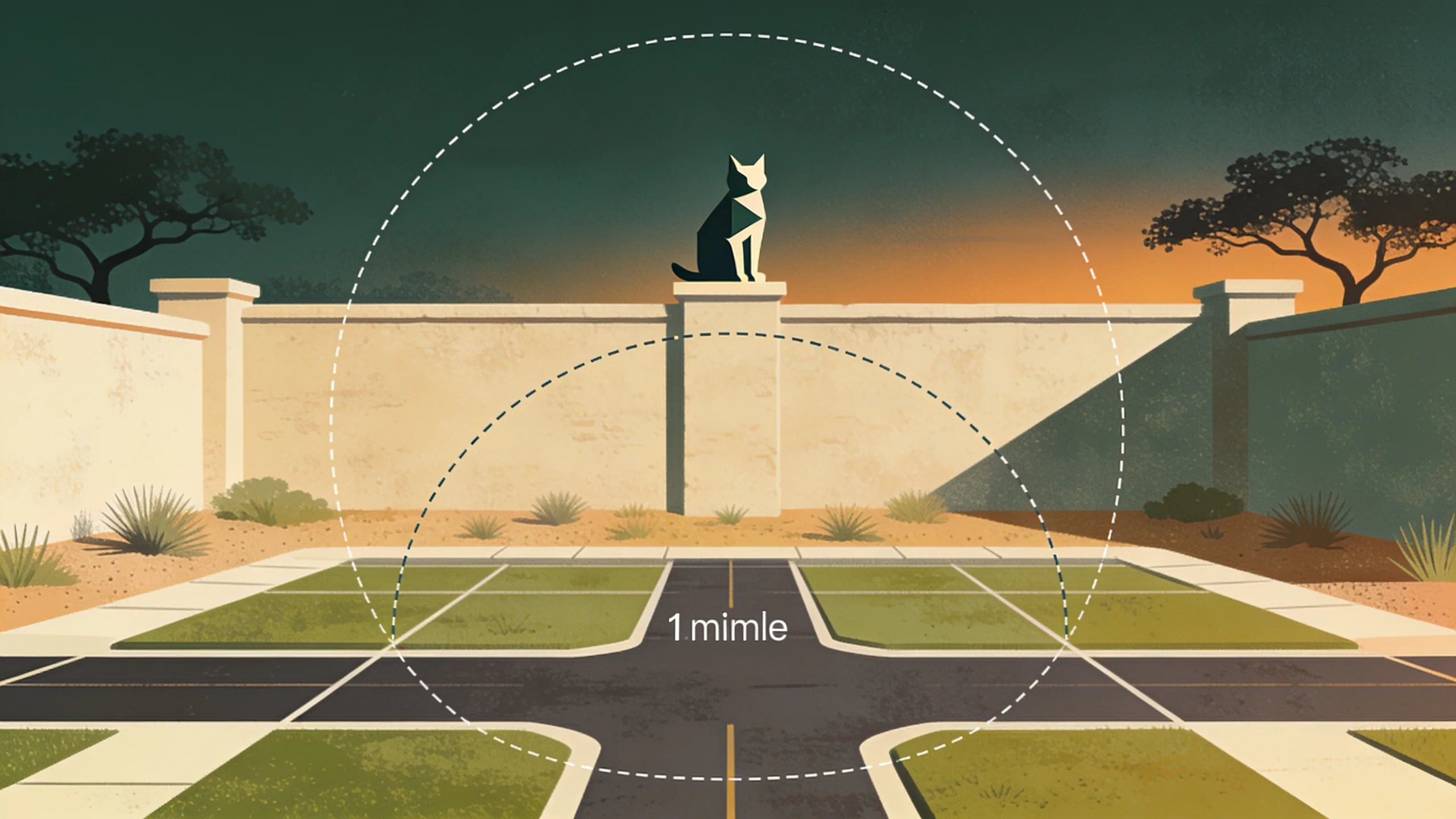 Minimal editorial illustration of a geometric cat silhouette on a courtyard wall with a dashed one-mile radius circle over a suburban street grid