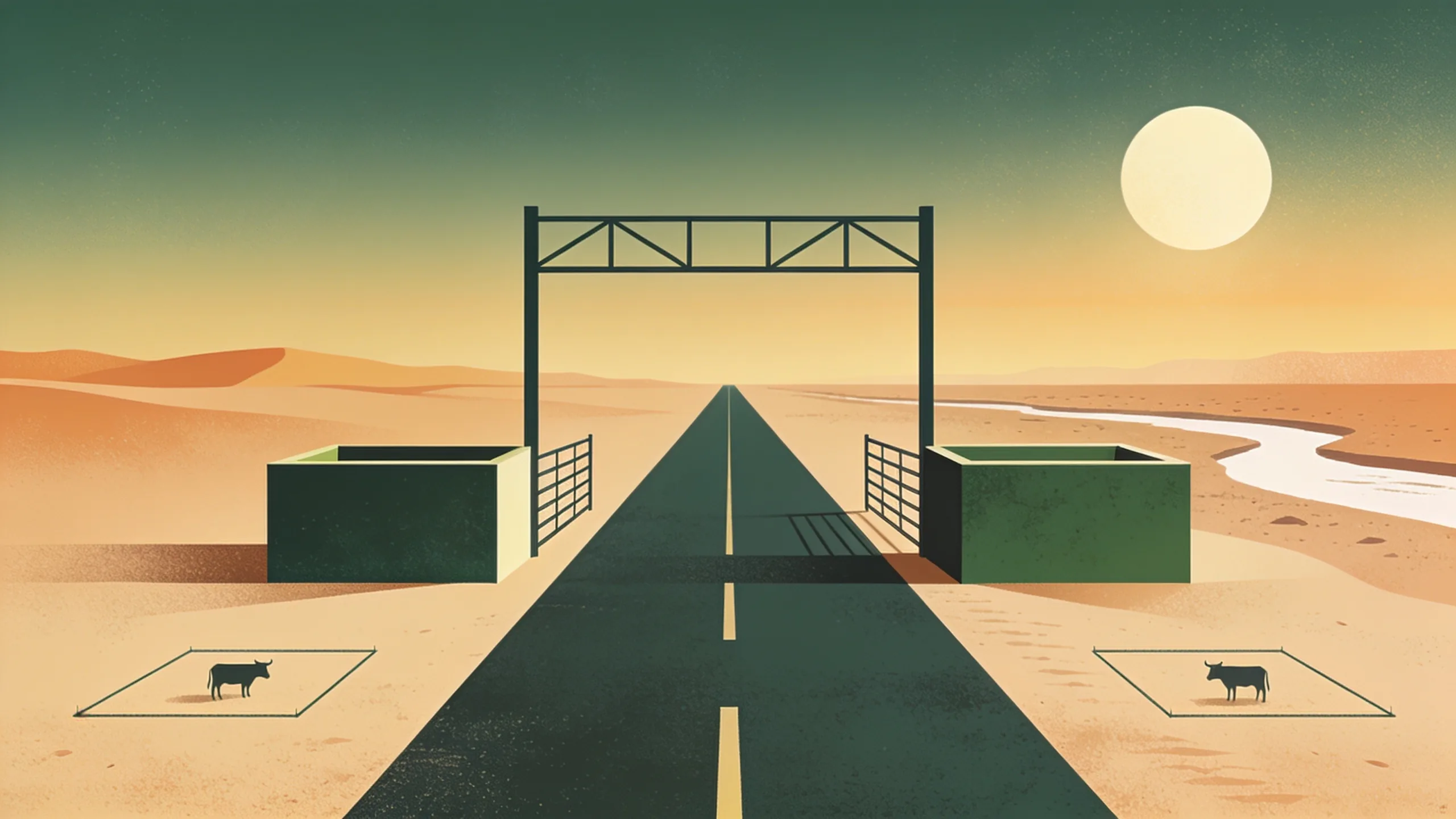 Minimal editorial illustration of a desert border crossing gate with abstract cattle pens, contour lines and two marked quarantine zones in an earthy palette