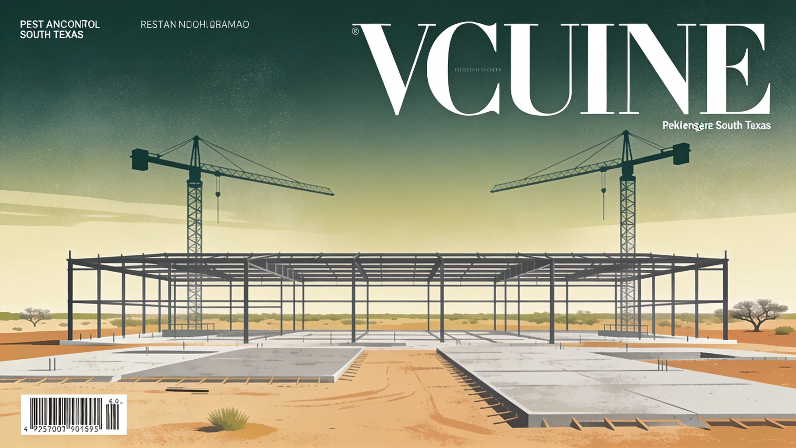 Editorial illustration of a geometric industrial building under construction with steel frames and concrete slabs on a South Texas plain