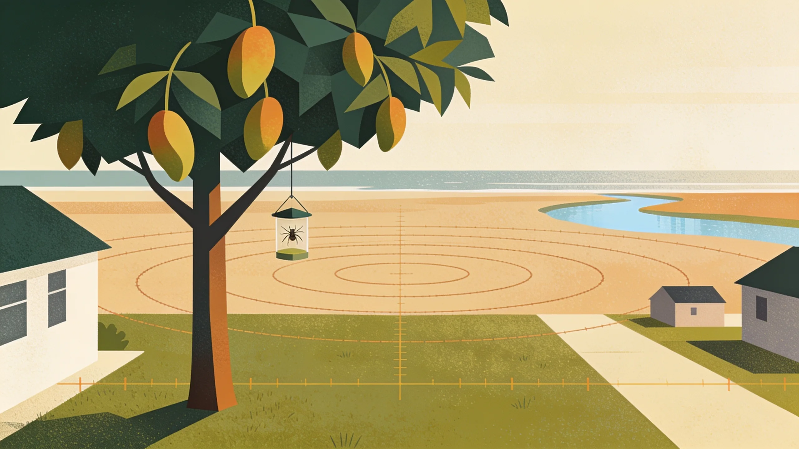 Editorial illustration of a geometric mango tree and a fruit fly trap grid marking a small coastal quarantine zone in South Texas