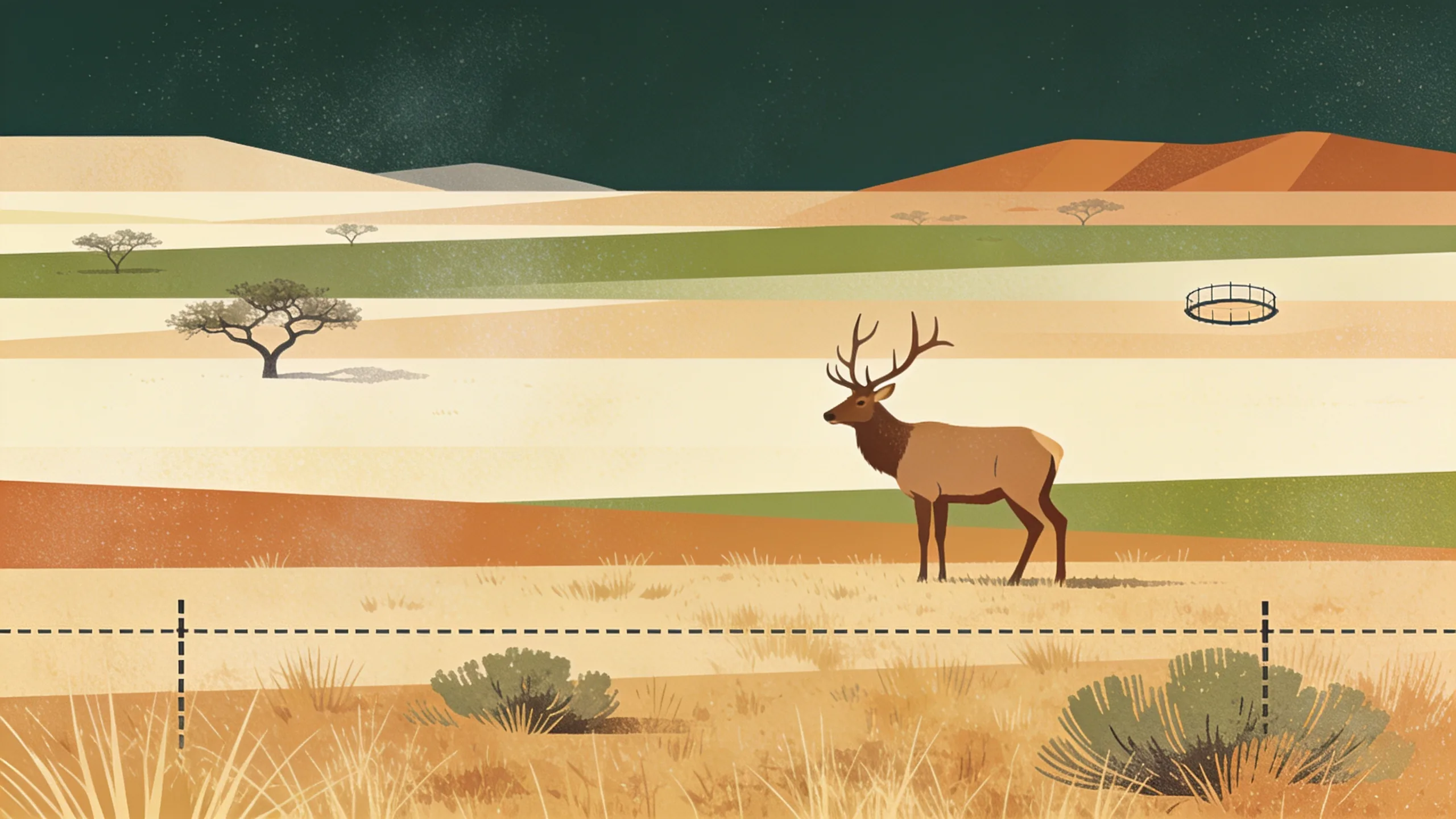 Minimal editorial illustration of an elk silhouette on abstract Texas ranchland, crossed by a dashed quarantine boundary in forest green and sandy tan