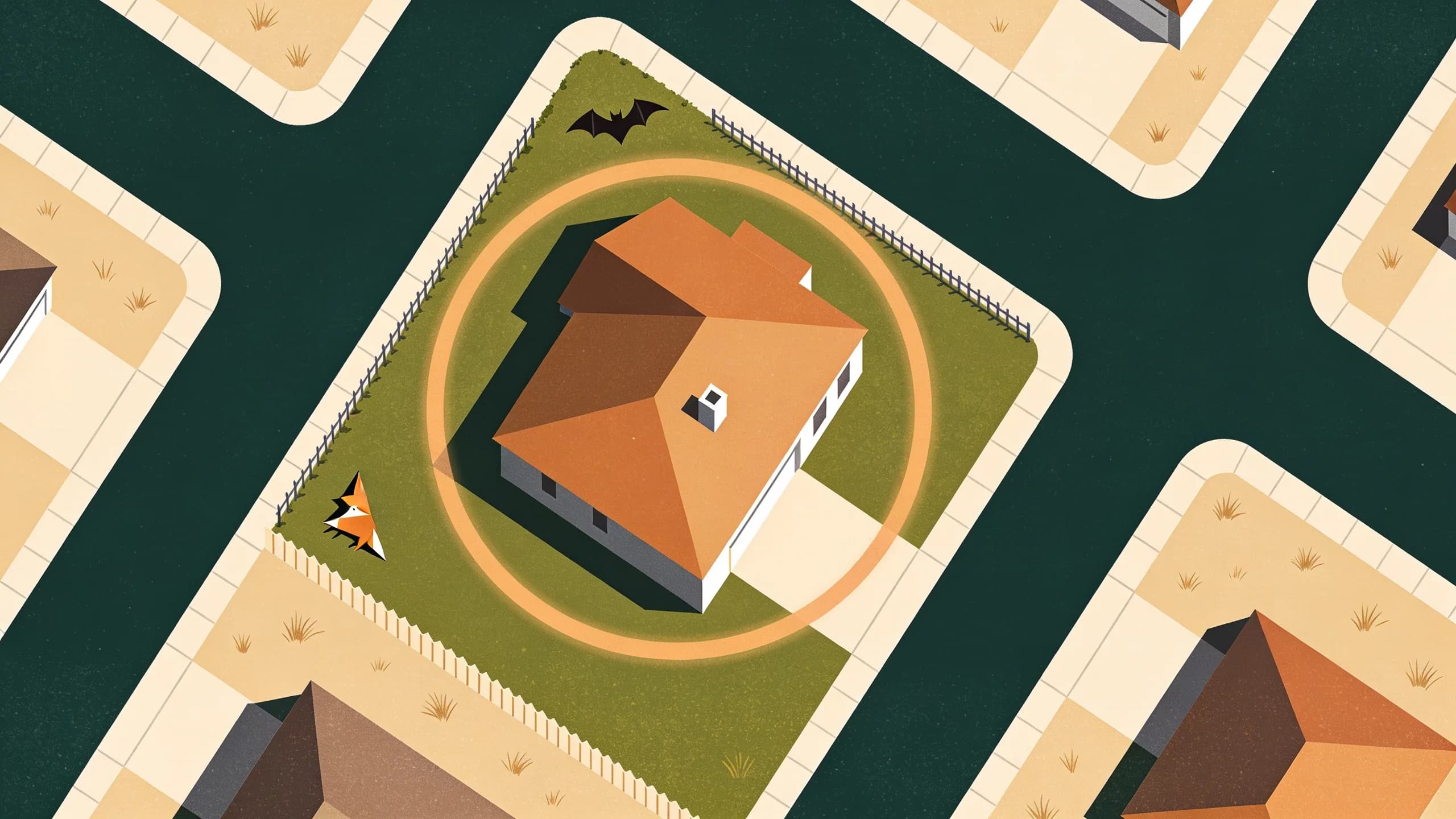 Minimal editorial illustration of a suburban street grid with geometric fox and bat silhouettes and a vaccination mark