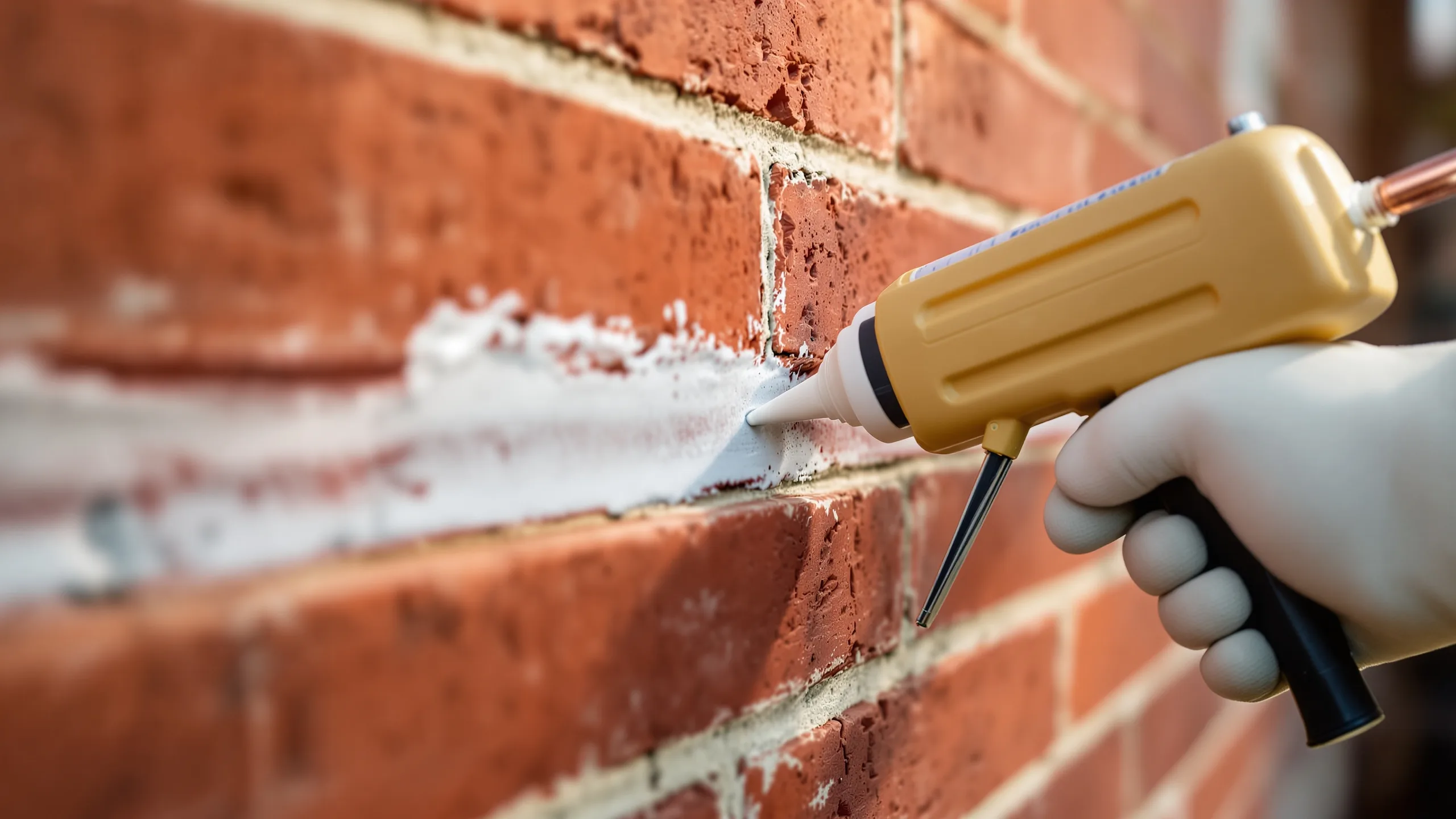 Sealing a utility line entry gap with silicone caulk to keep pests out of a brick Texas home