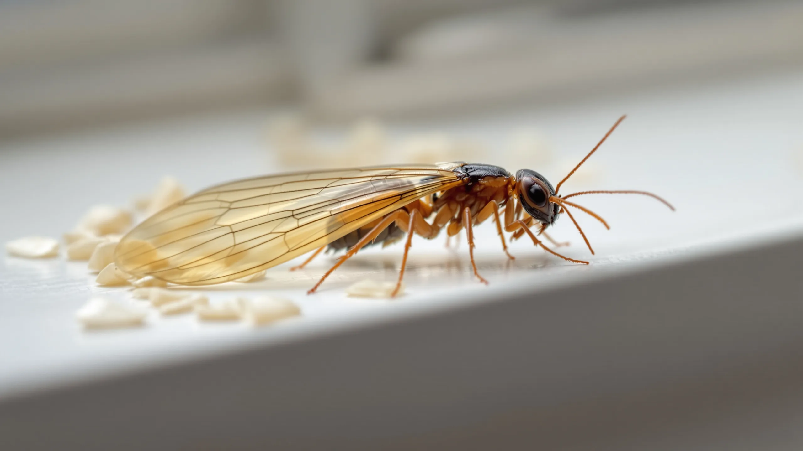 Macro shot of a drywood termite swarmer on a white windowsill next to a pile of discarded translucent wings