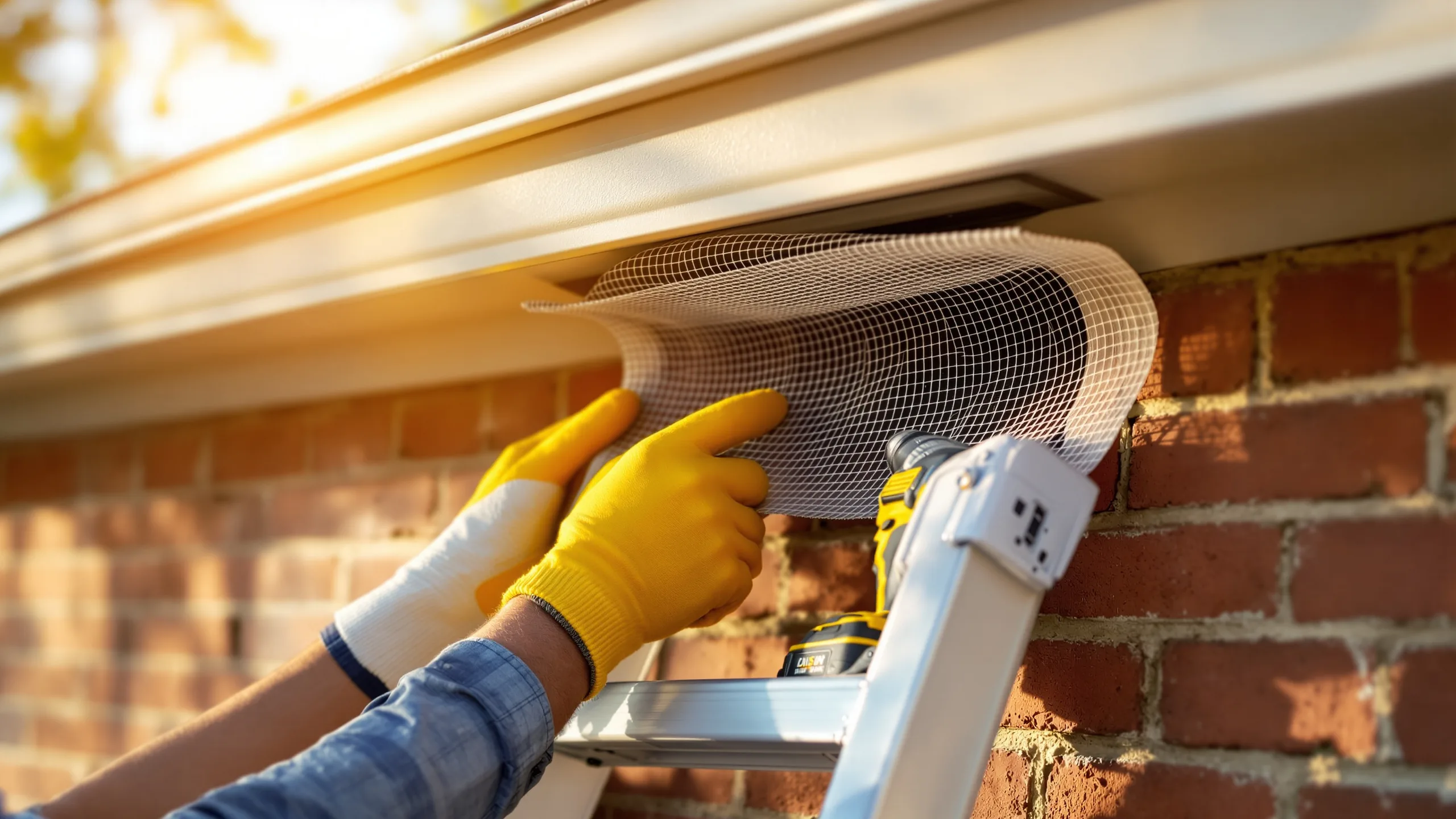 A homeowner on a ladder sealing a soffit gap with hardware cloth along the roofline of a Texas brick home