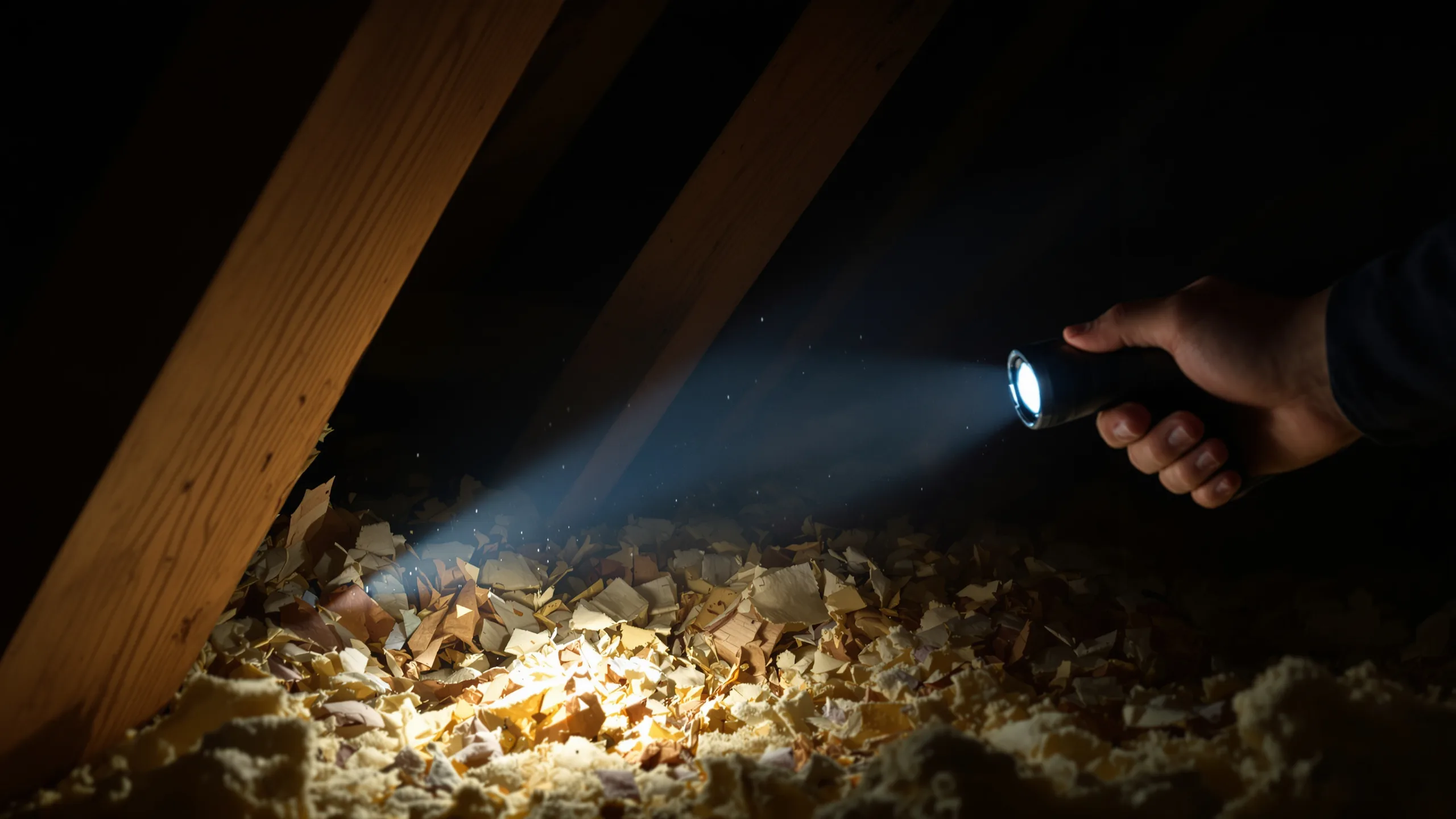 Flashlight beam sweeping across attic insulation and roof joists in a Texas home, checking for rodent and scorpion activity